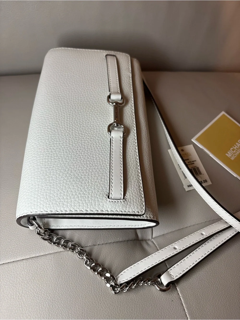 MICHAEL Michael Kors Optic White Leather Crossbody Clutch with Silver Chain